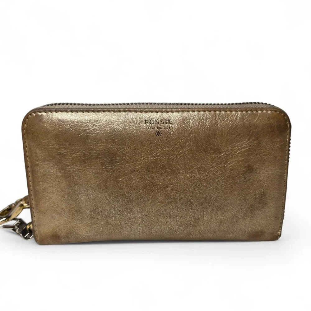 Fossil Distressed Leather Metallic Gold Clutch Wallet Zip Around Bi‎ Fold Shiny